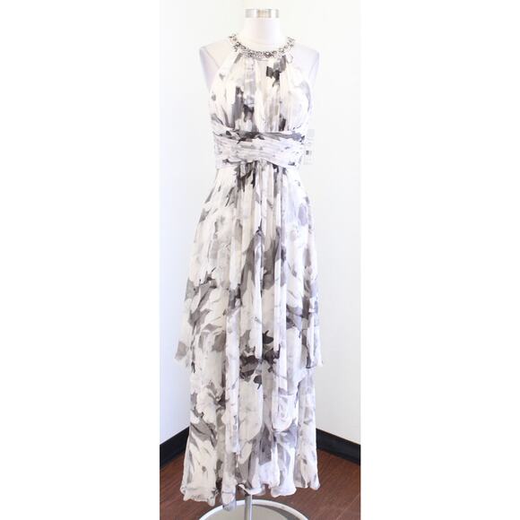 NWT Eliza J Ivory Gray Floral Print Tiered Halter Evening Formal Maxi Dress Sz 6 - Picture 3 of 10